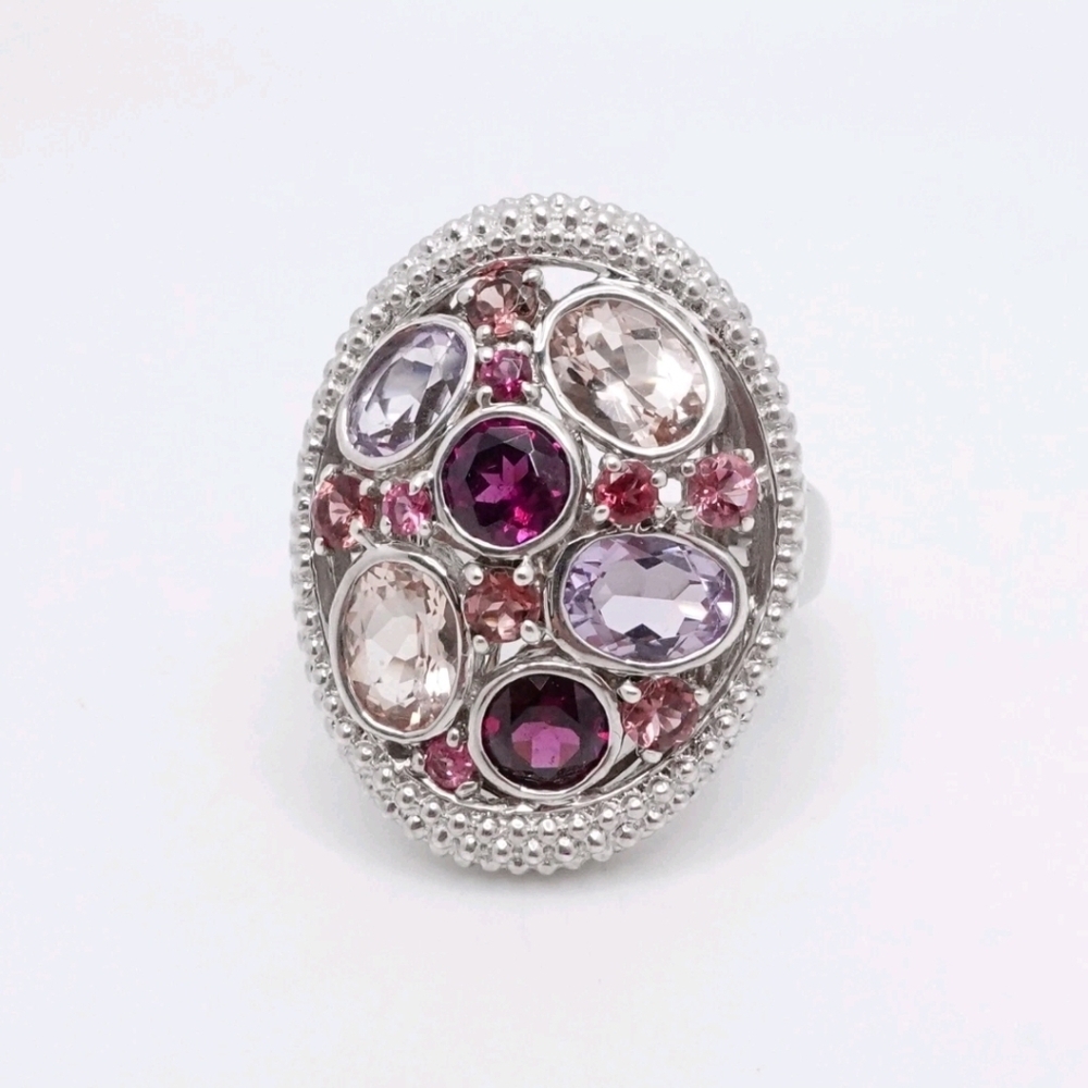 Designer Natural Garnet, Amethyst, Spinel Ring Sterling Silver Size 8.5!